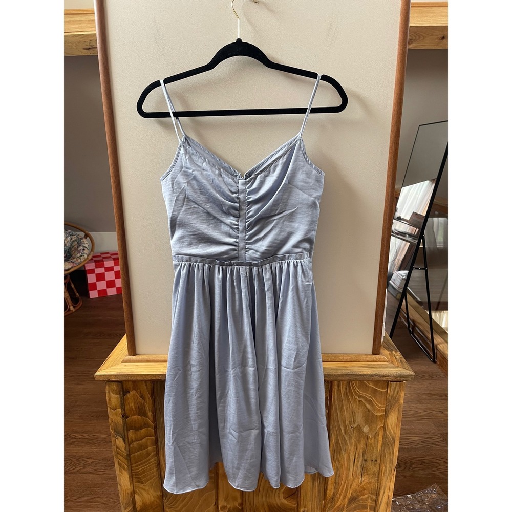 Banana Republic Fit & Flare Dress Womens 4 Blue Ruched Satin Spaghetti Strap